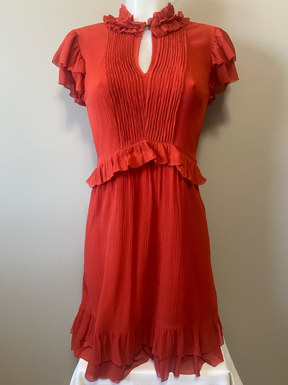 Banana Republic Coral-Red Ruffled Keyhole Mini Dress